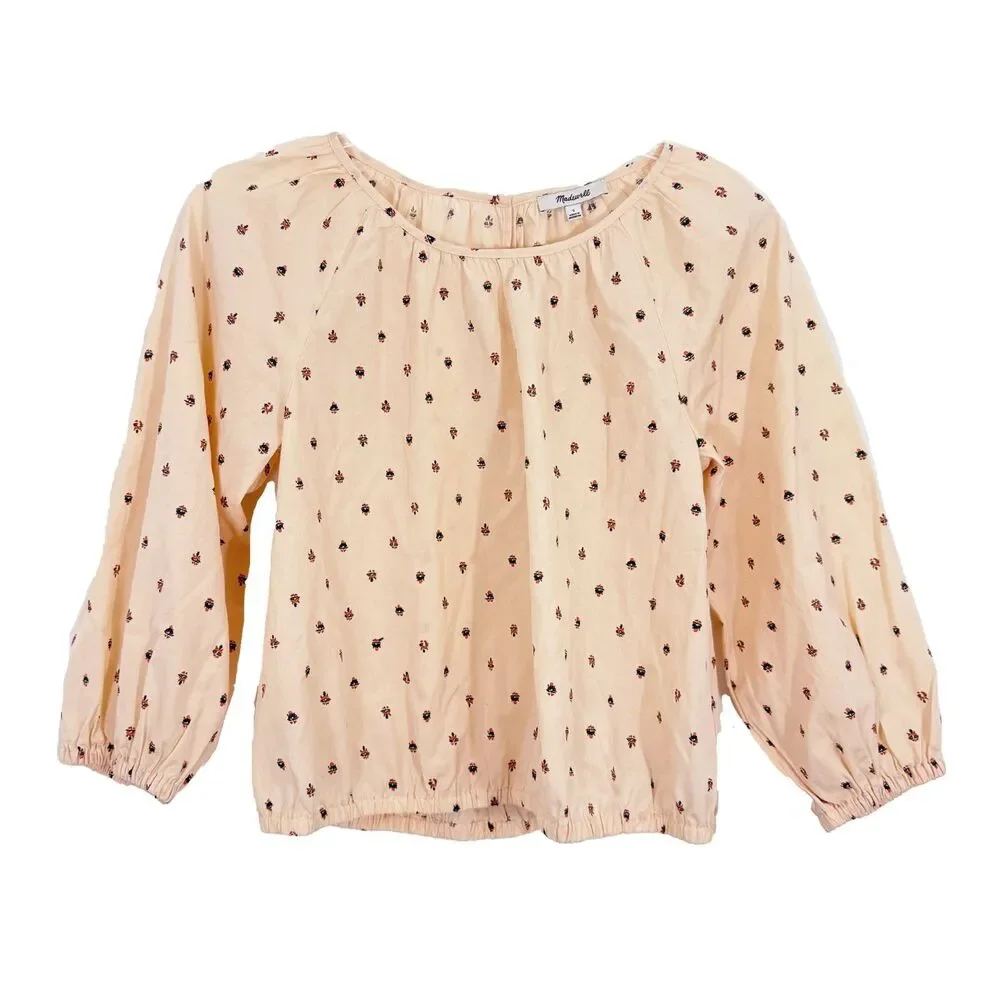 MADEWELL Gathered Puff-Sleeve Crop Top S Sunrise Floral Bone Peach NWT B94